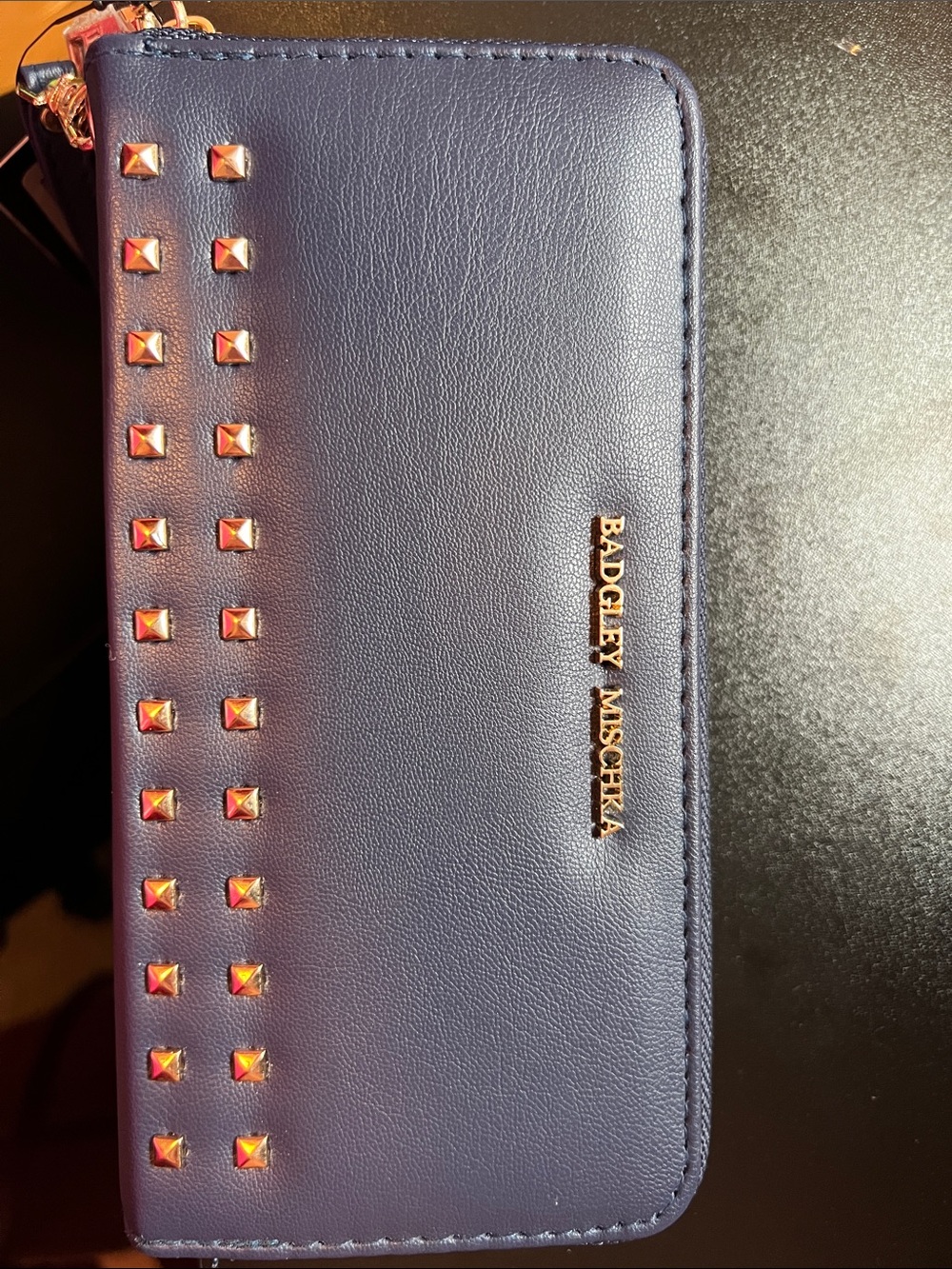 Badgley Mischka Navy Zip Wallet with Gold Studs